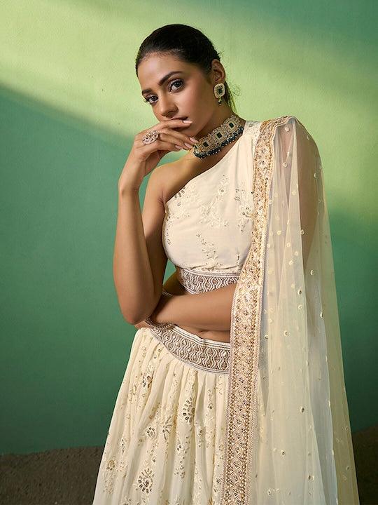 Cream Georgette Embroidered and Sequinned lehenga choli