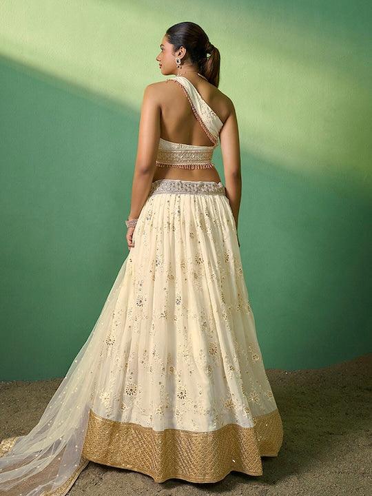 Cream Georgette Embroidered and Sequinned lehenga choli