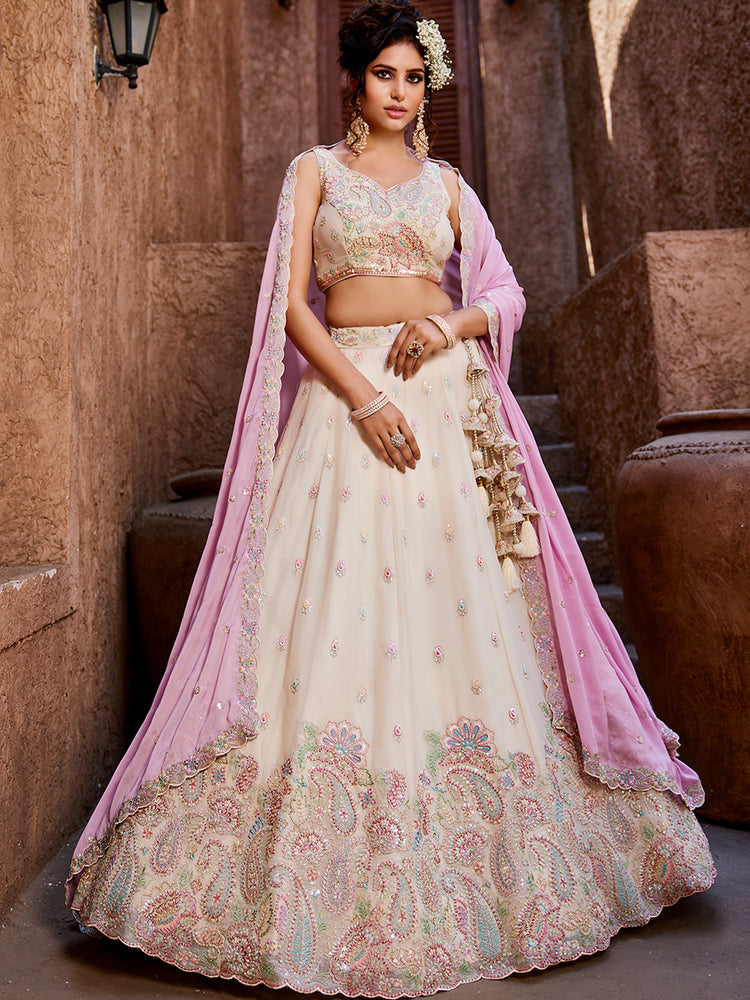 Cream Georgette Sequins embroidery Semi-Stitched Lehenga choli & Dupatta