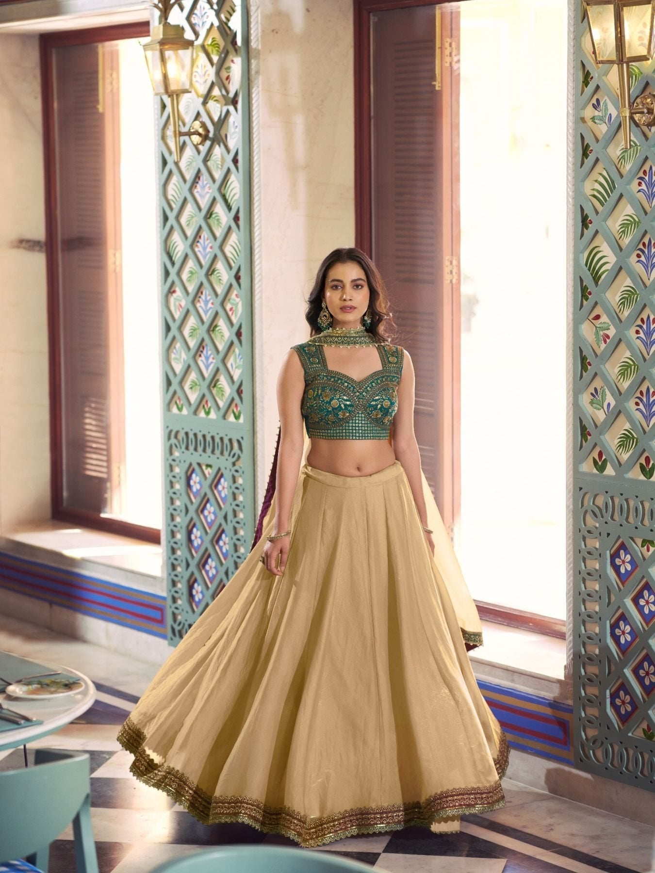 Cream Fendi Lehenga Choli with Thread Work Blouse