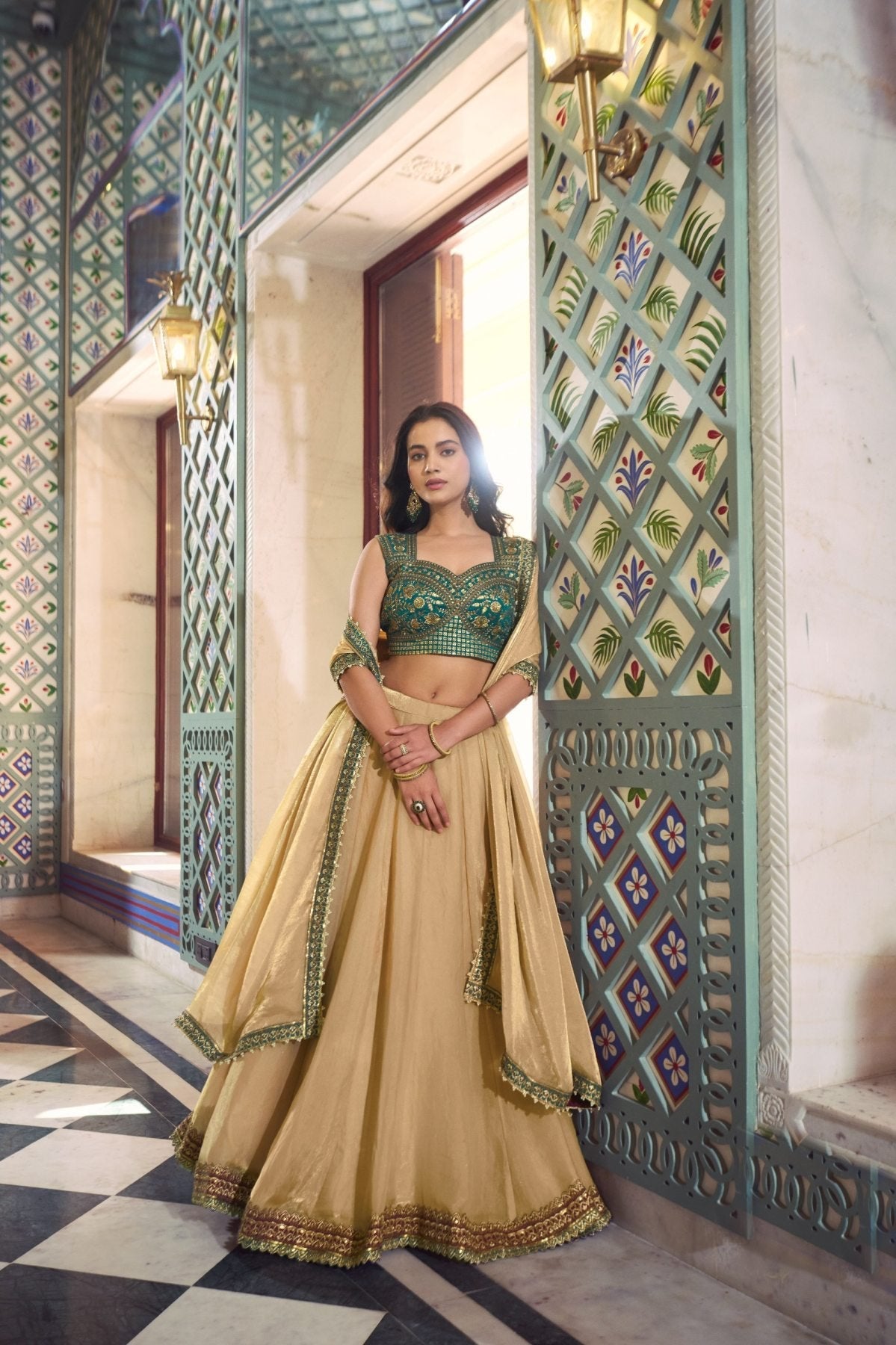 Cream Fendi Lehenga Choli with Thread Work Blouse