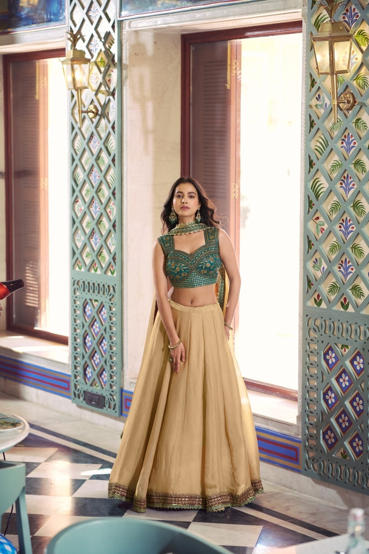 Cream Fendi Lehenga Choli with Thread Work Blouse