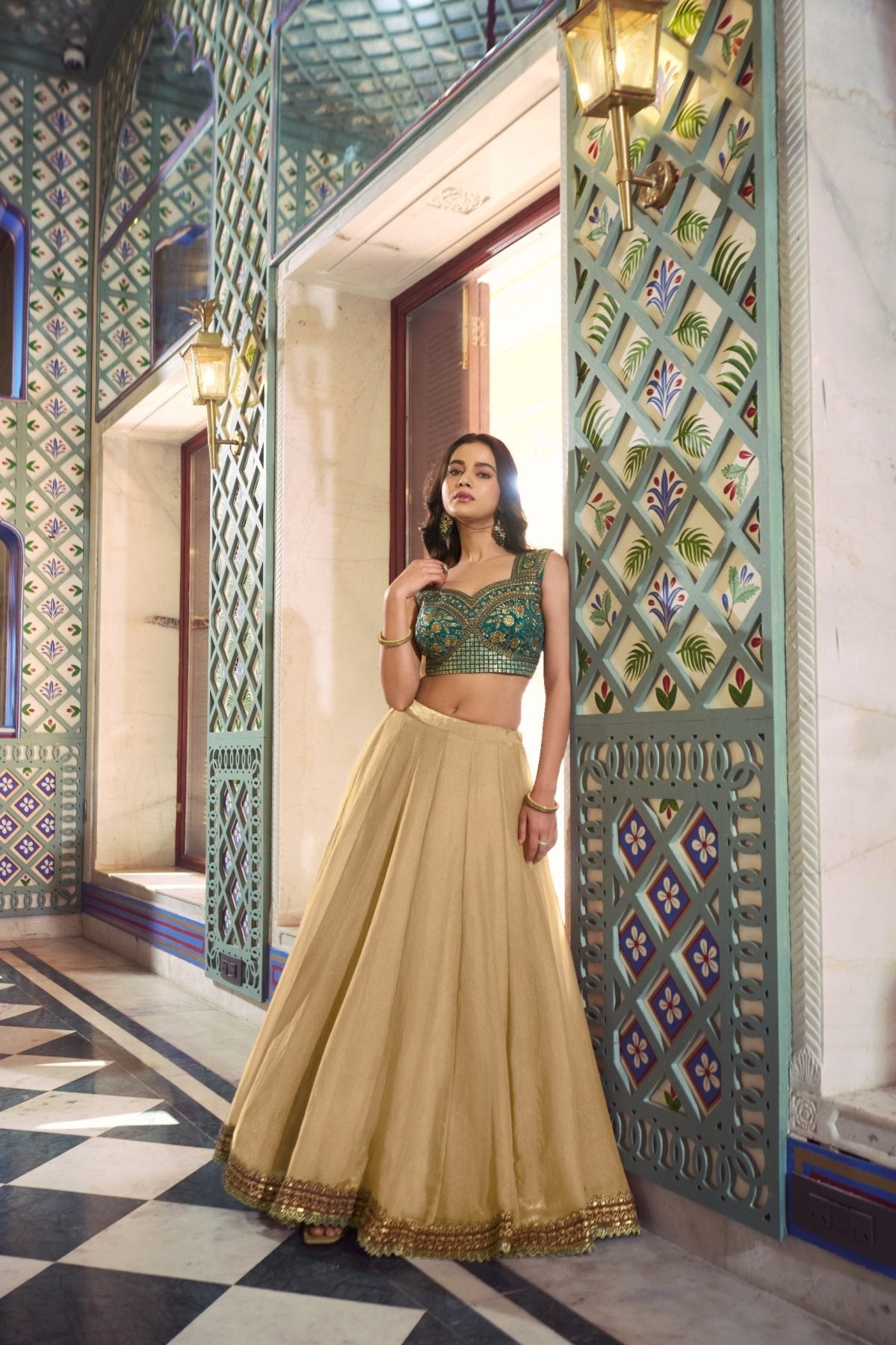 Cream Fendi Lehenga Choli with Thread Work Blouse