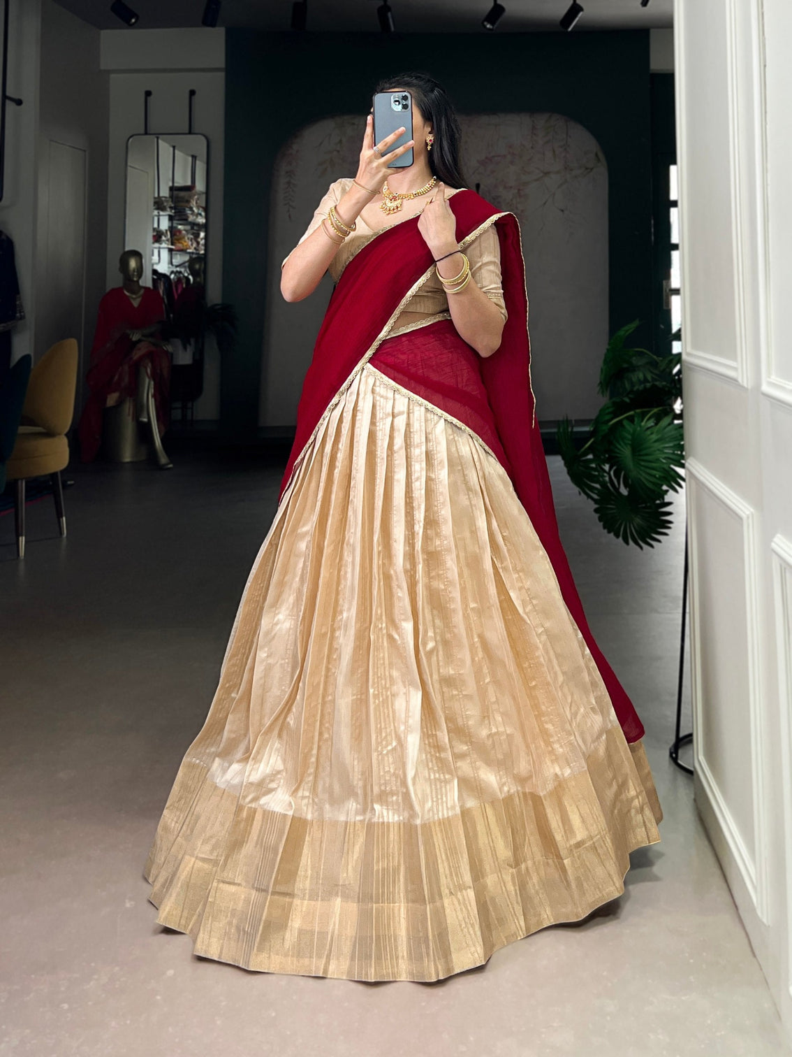 Cream Handloom Zari Weaving Lehenga Choli Set with Silver Glossy Lace Border Dupatta – Stitched Lehenga