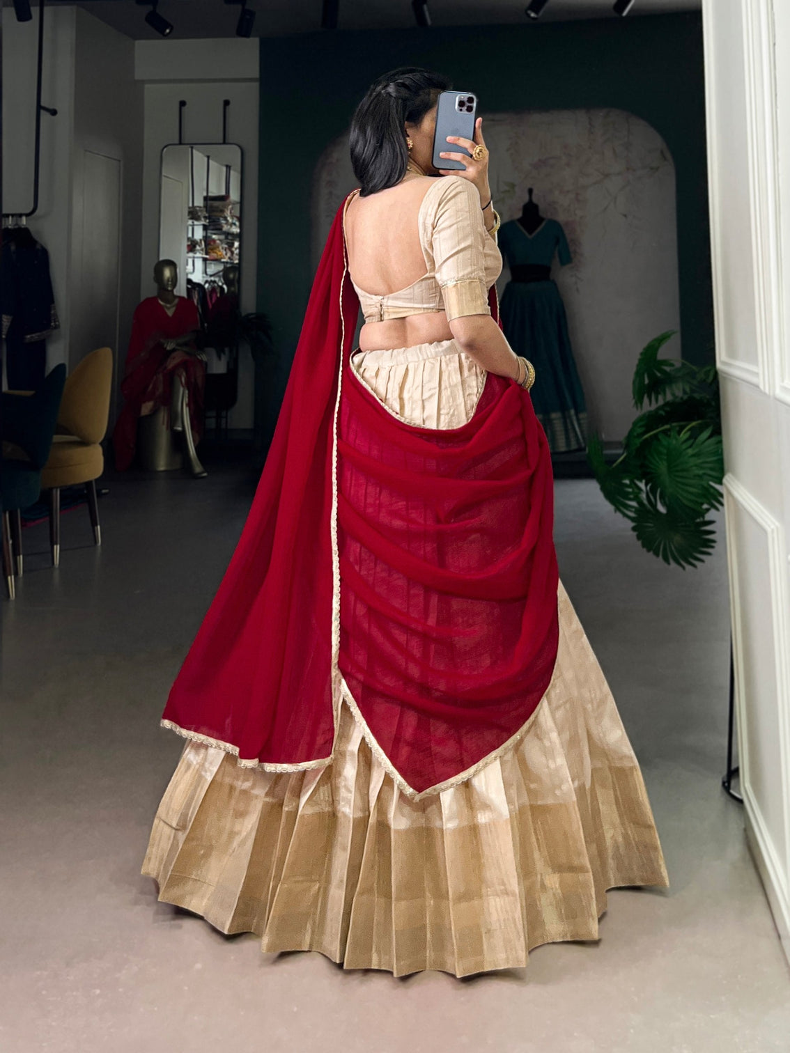 Cream Handloom Zari Weaving Lehenga Choli Set with Silver Glossy Lace Border Dupatta – Stitched Lehenga