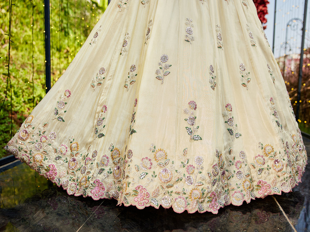 Cream Luxurious Viscose Semi-Stitched Lehenga Set with Green-Gold Embroidered Dupatta