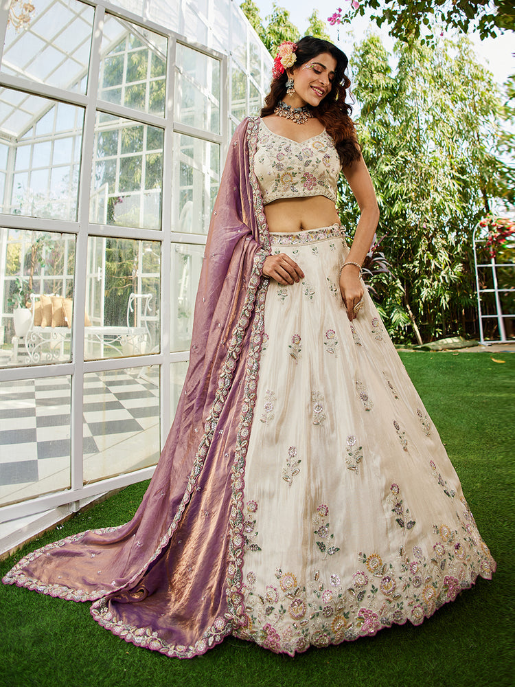 Cream Luxurious Viscose Semi-Stitched Lehenga Set with Purple-Gold Embroidered Dupatta