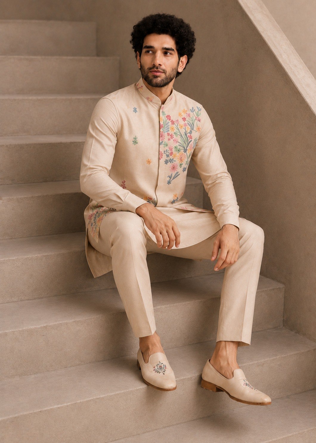 Cream Men's Roman Silk Kurta Pant Koti Set