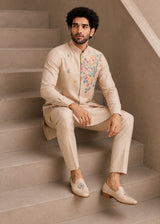 Cream Men's Roman Silk Kurta Pant Koti Set