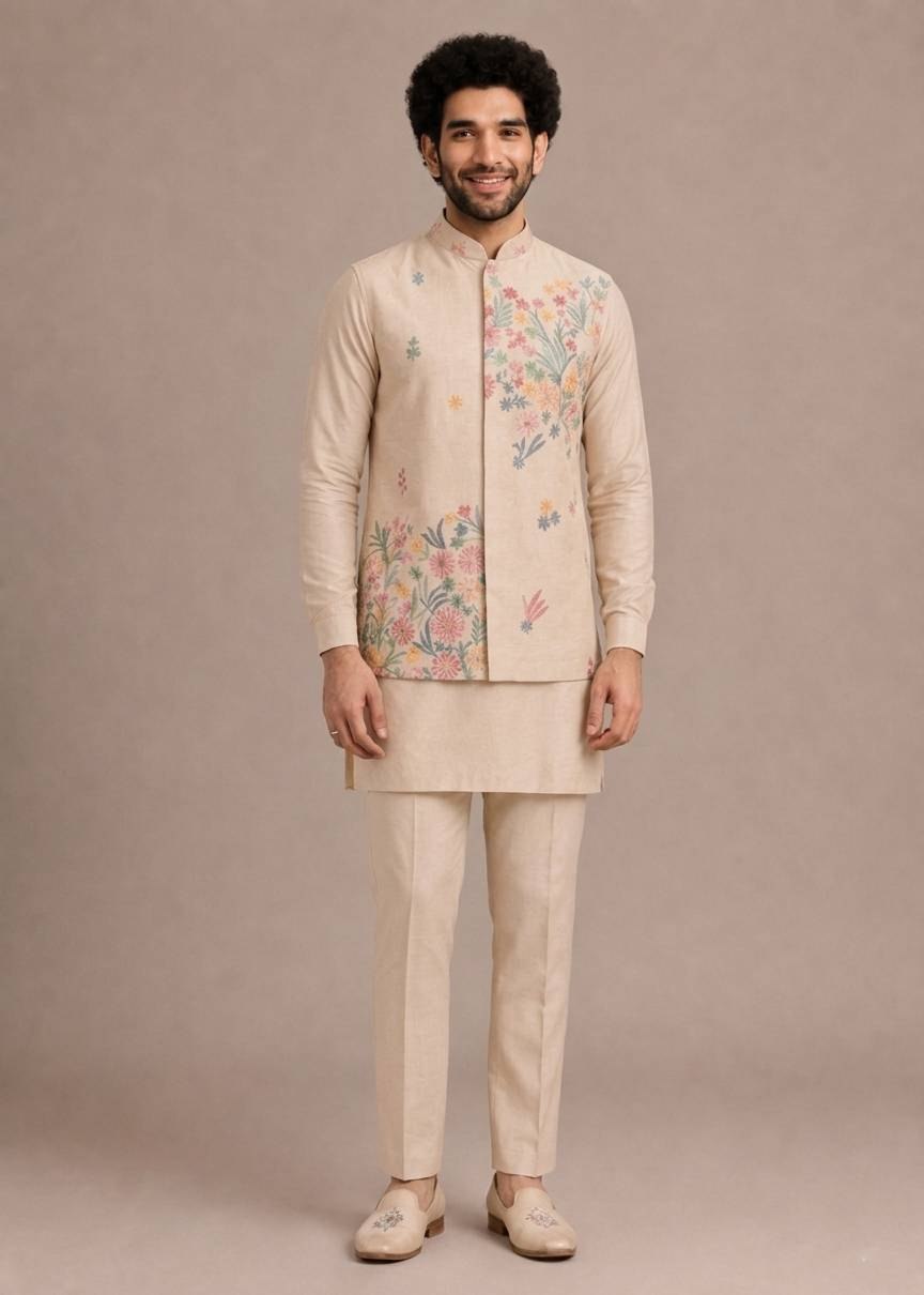 Cream Men's Roman Silk Kurta Pant Koti Set