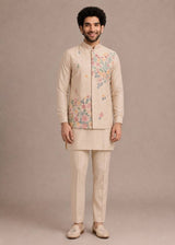 Cream Men's Roman Silk Kurta Pant Koti Set