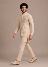 Cream Men's Roman Silk Kurta Pant Koti Set