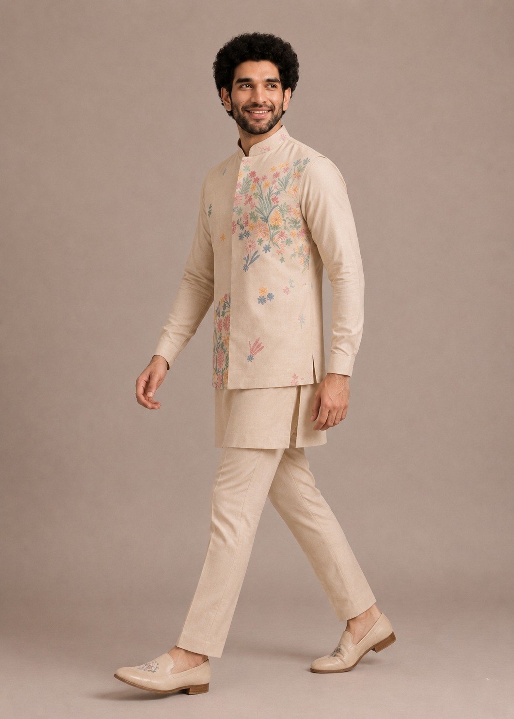 Cream Men's Roman Silk Kurta Pant Koti Set