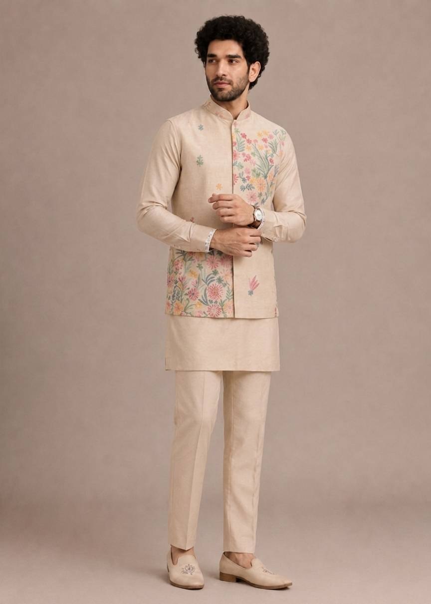 Cream Men's Roman Silk Kurta Pant Koti Set