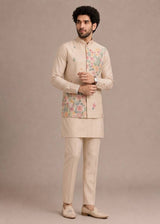 Cream Men's Roman Silk Kurta Pant Koti Set