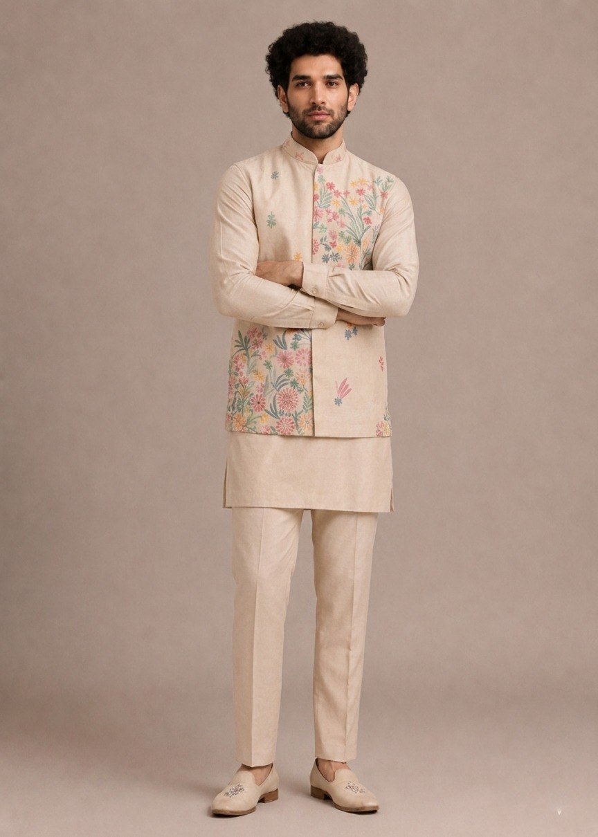 Cream Men's Roman Silk Kurta Pant Koti Set