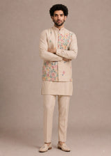 Cream Men's Roman Silk Kurta Pant Koti Set
