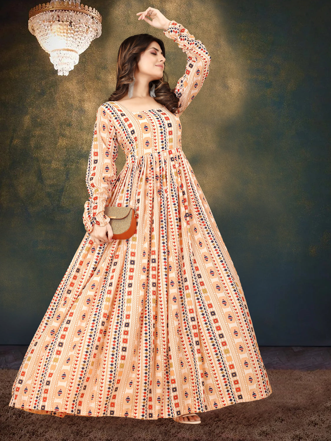 Cream Muslin Digital Print Gown with Full Round Flair
