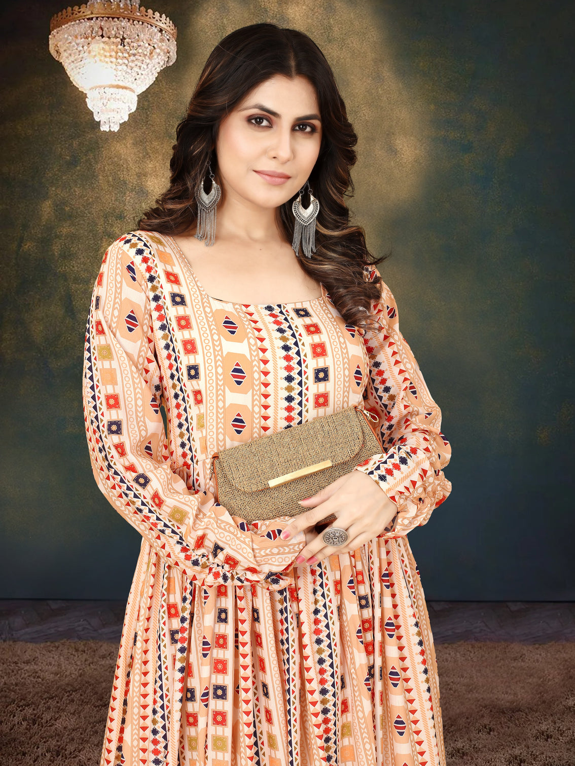 Cream Muslin Digital Print Gown with Full Round Flair