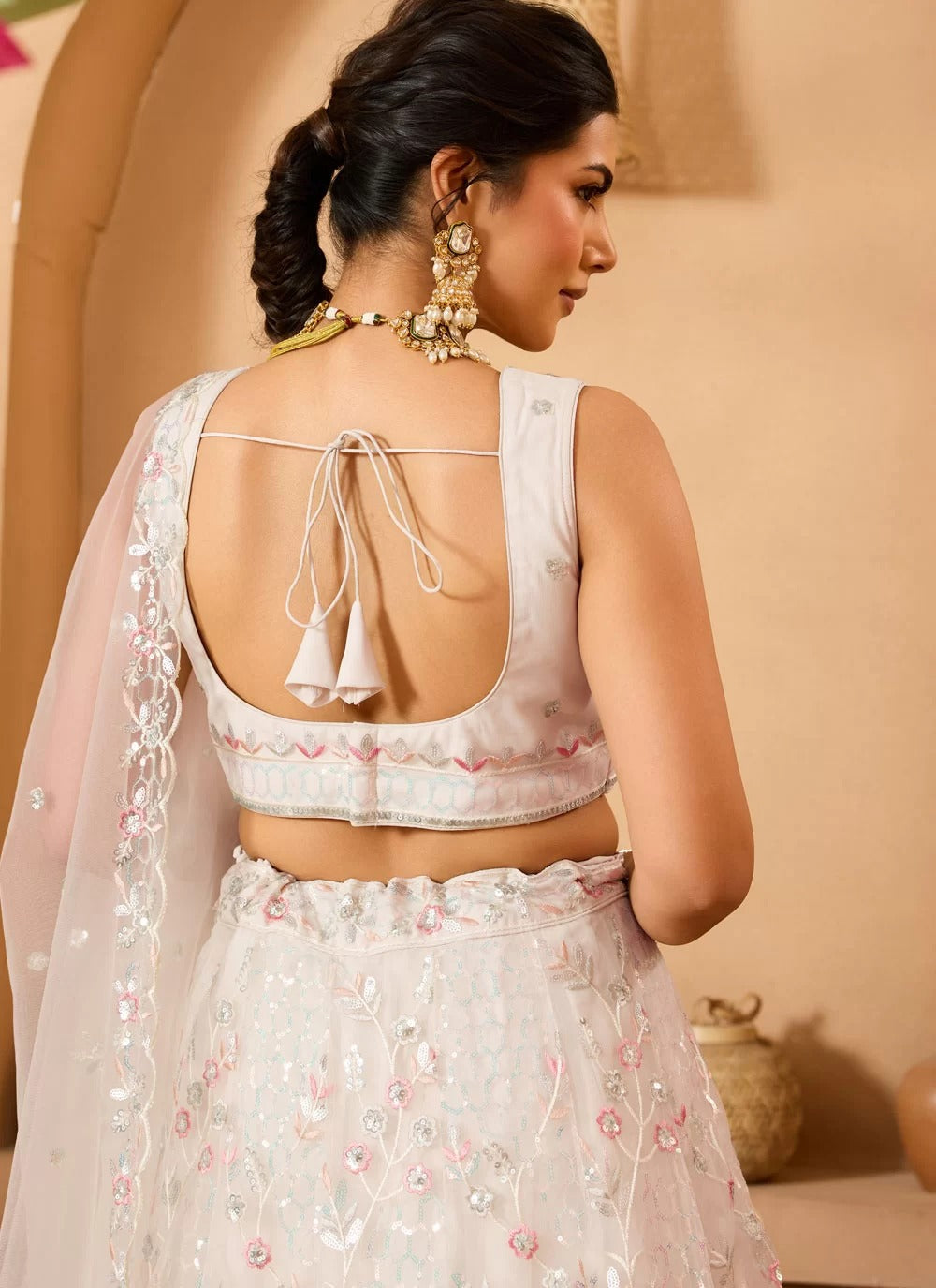 Cream net embroidered bridesmaid wedding lehenga choli with dupatta