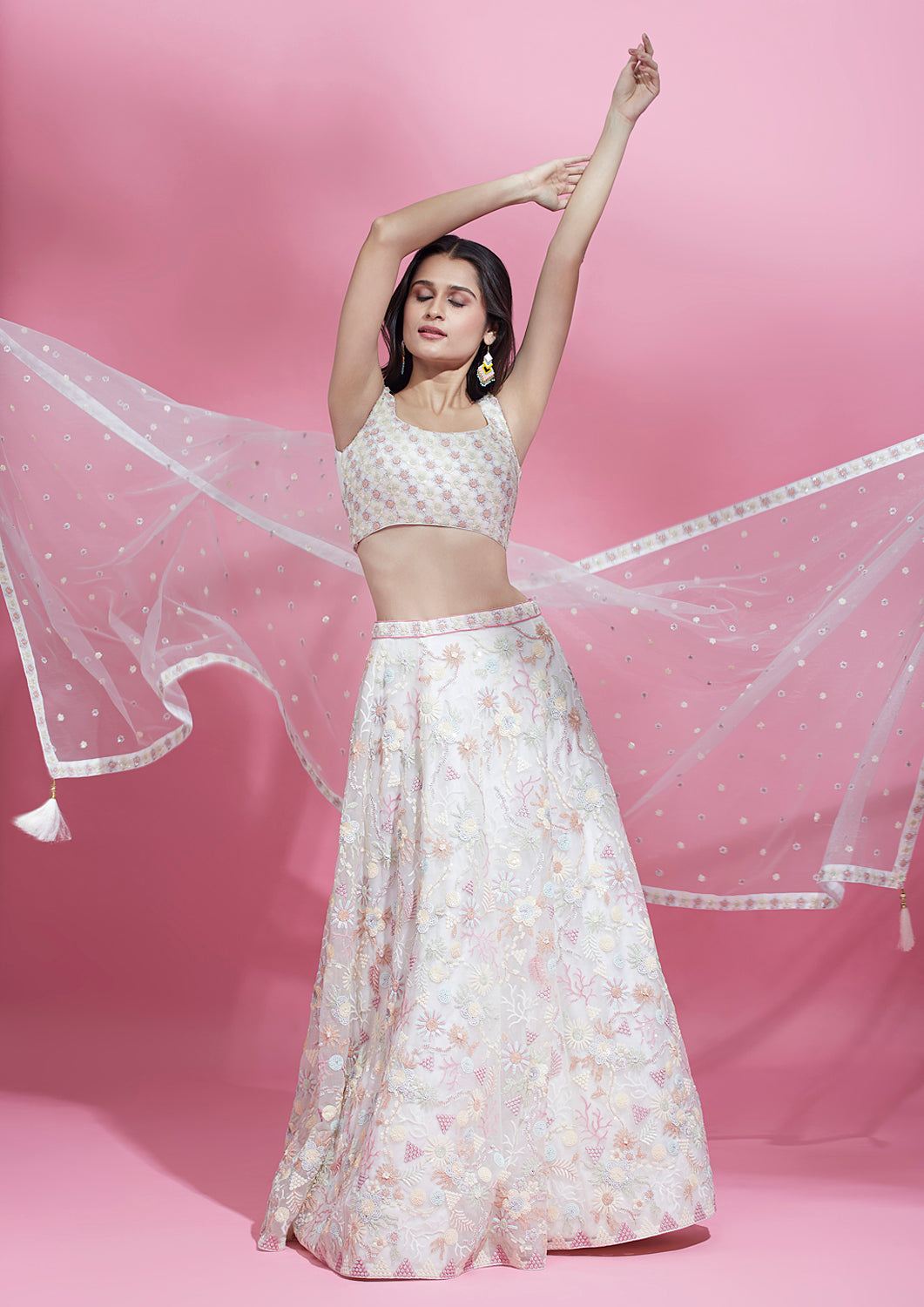 Cream Net heavy Sequinse embroidery Semi-Stitched Lehenga choli & Dupatta