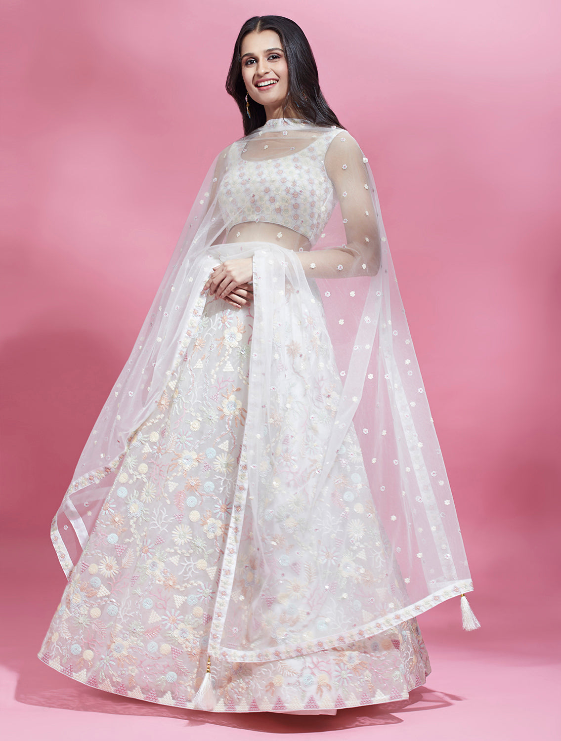 Cream Net heavy Sequinse embroidery Semi-Stitched Lehenga choli & Dupatta