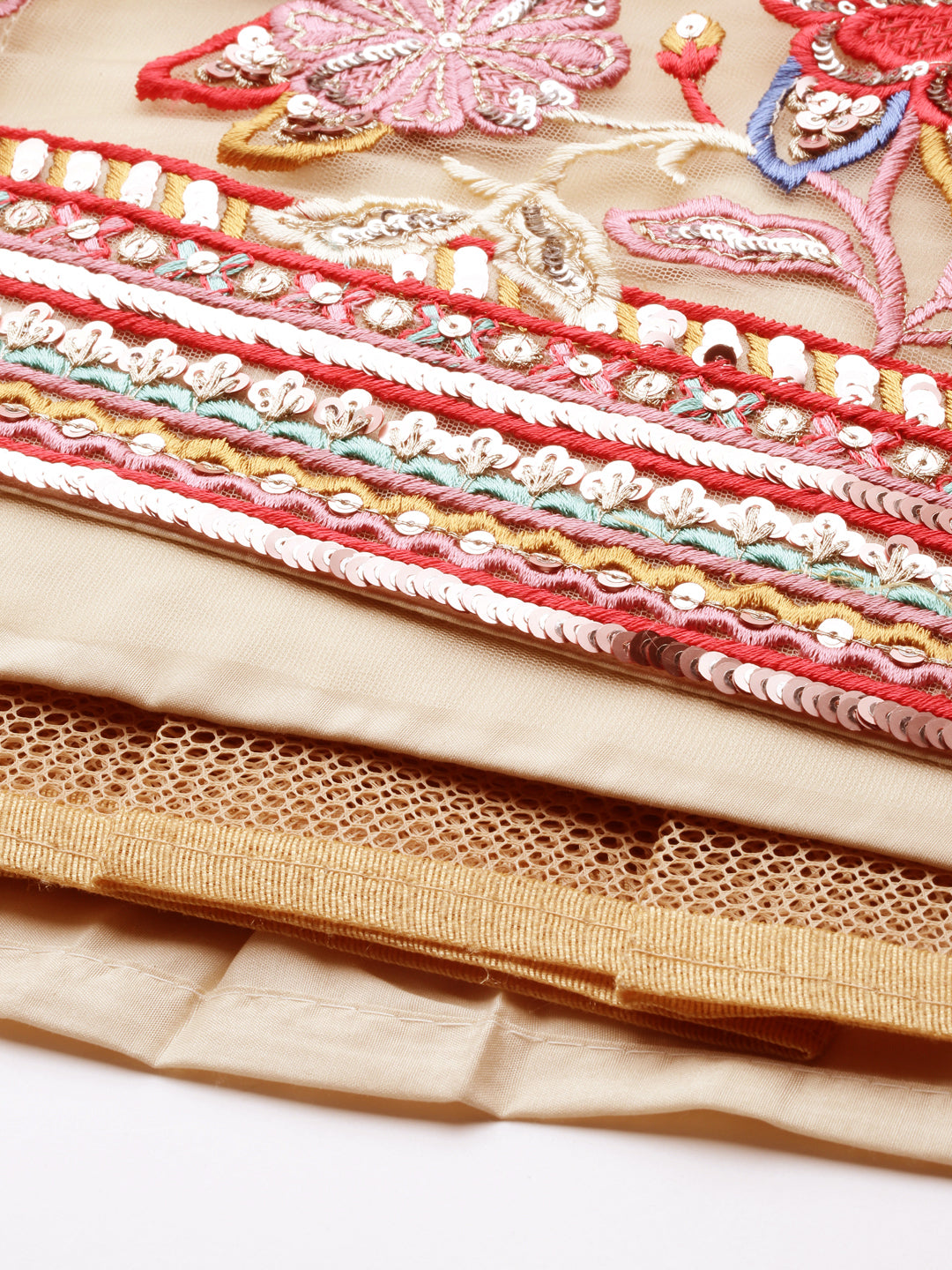 Cream Net Multi colour Thread & Sequinse Work Semi-Stitched Lehenga & Unstitched Blouse, Dupatta