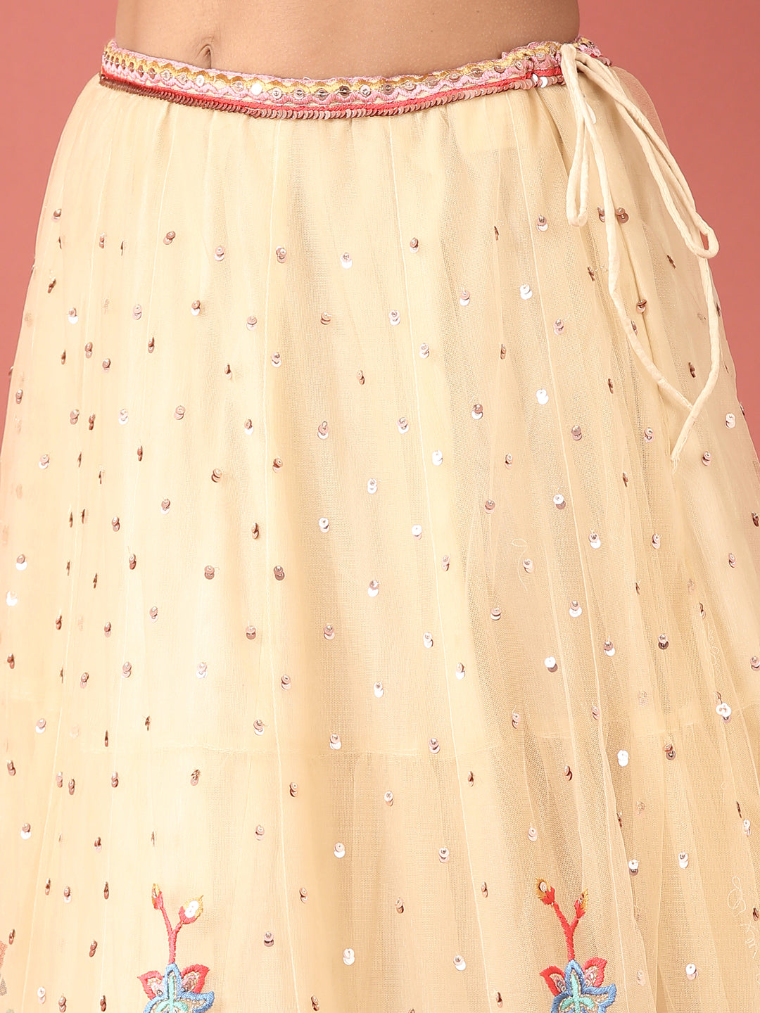 Cream Net Multi colour Thread & Sequinse Work Semi-Stitched Lehenga & Unstitched Blouse, Dupatta