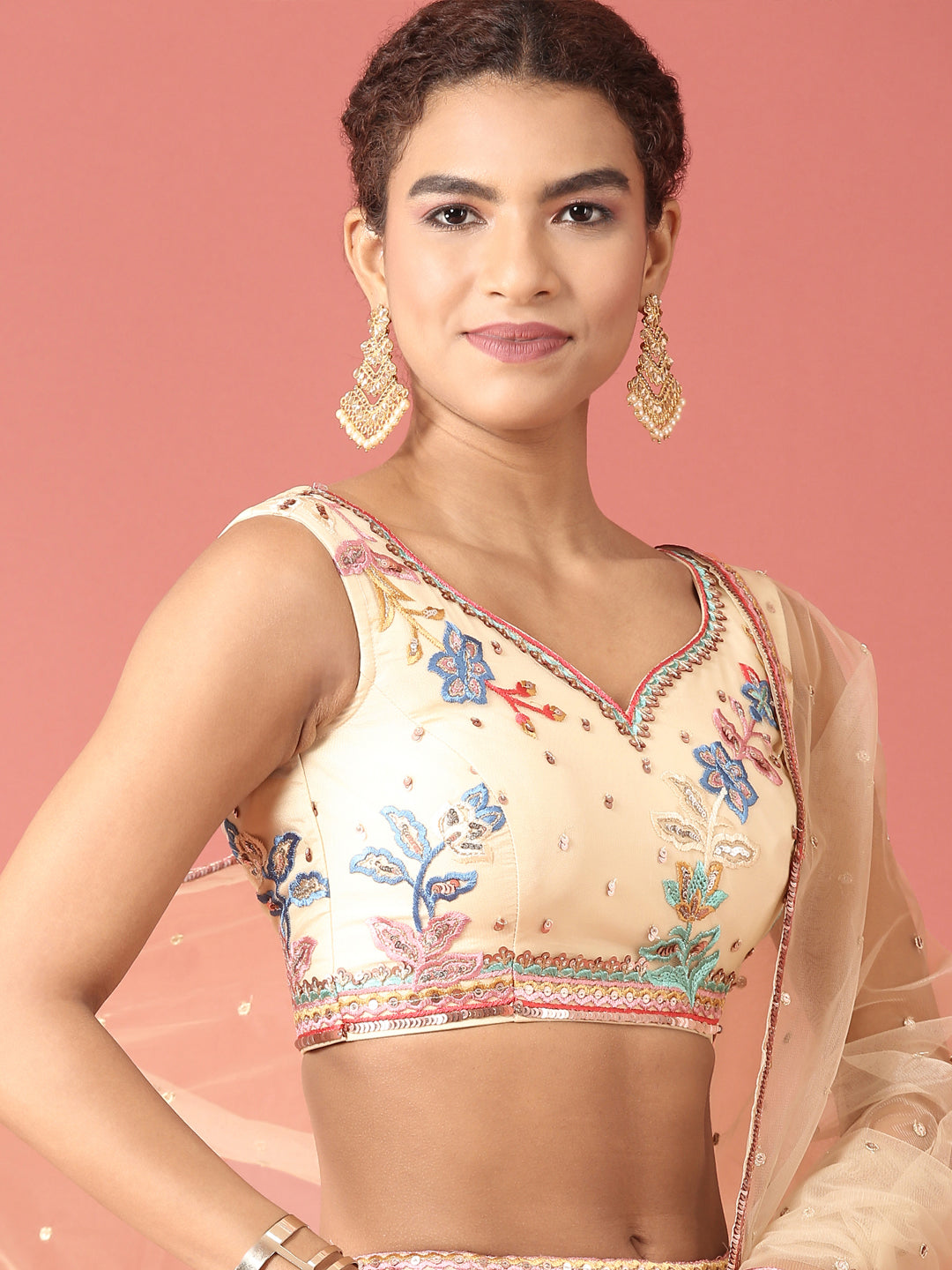 Cream Net Multi colour Thread & Sequinse Work Semi-Stitched Lehenga & Unstitched Blouse, Dupatta