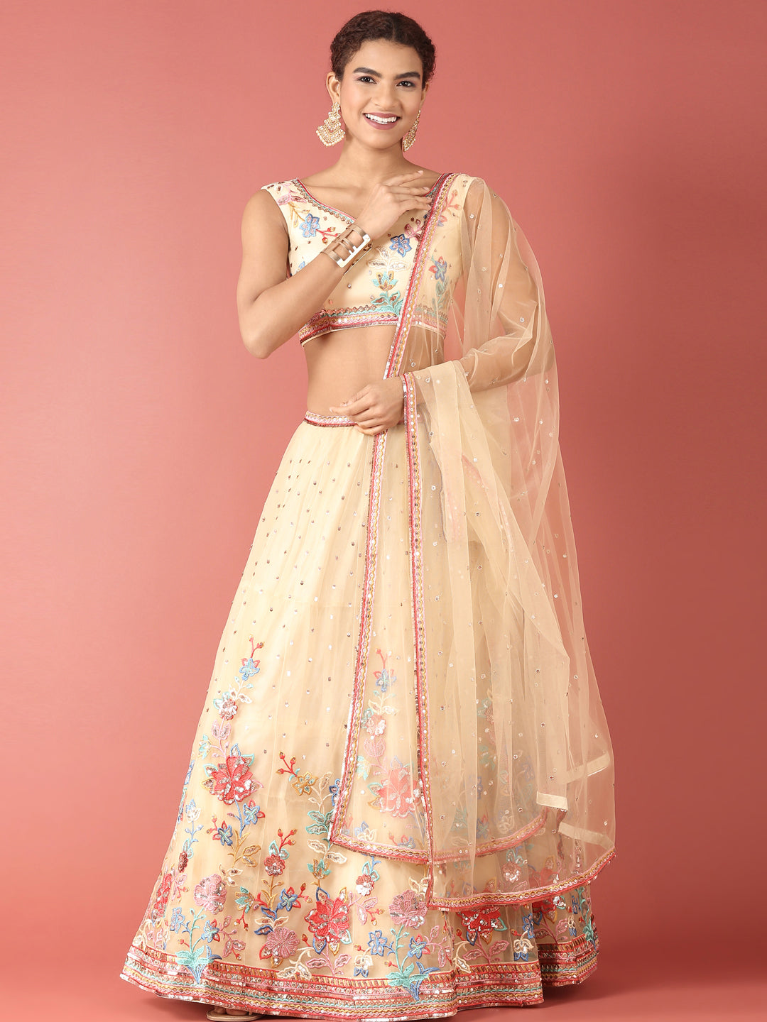 Cream Net Multi colour Thread & Sequinse Work Semi-Stitched Lehenga & Unstitched Blouse, Dupatta