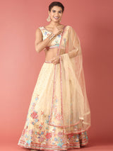 Cream Net Multi colour Thread & Sequinse Work Semi-Stitched Lehenga & Unstitched Blouse, Dupatta