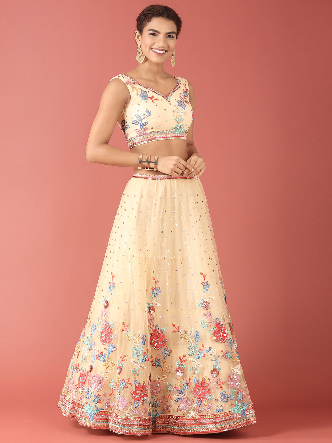 Cream Net Multi colour Thread & Sequinse Work Semi-Stitched Lehenga & Unstitched Blouse, Dupatta
