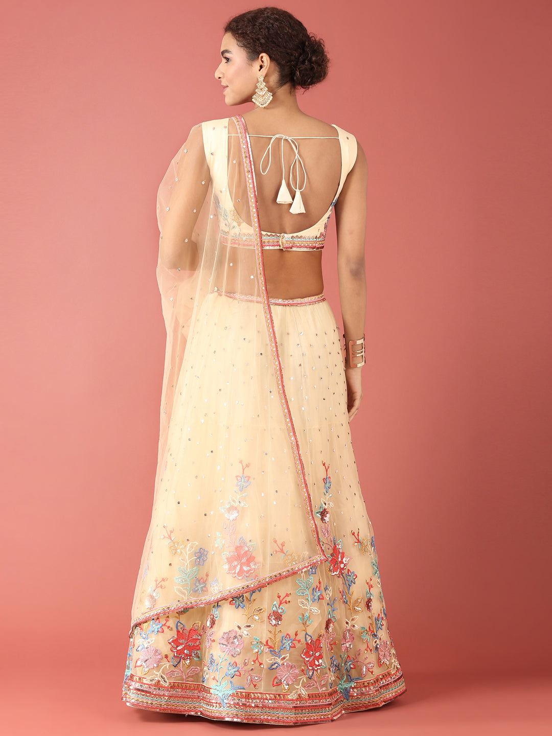 Cream Net Multi colour Thread & Sequinse Work Semi-Stitched Lehenga & Unstitched Blouse, Dupatta