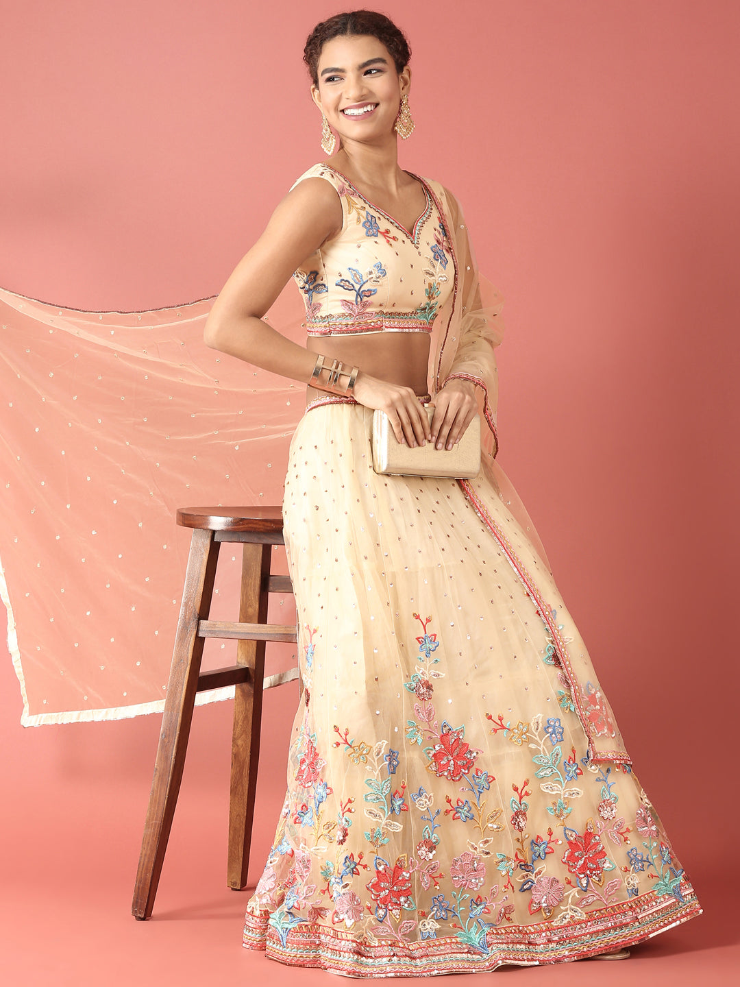 Cream Net Multi colour Thread & Sequinse Work Semi-Stitched Lehenga & Unstitched Blouse, Dupatta
