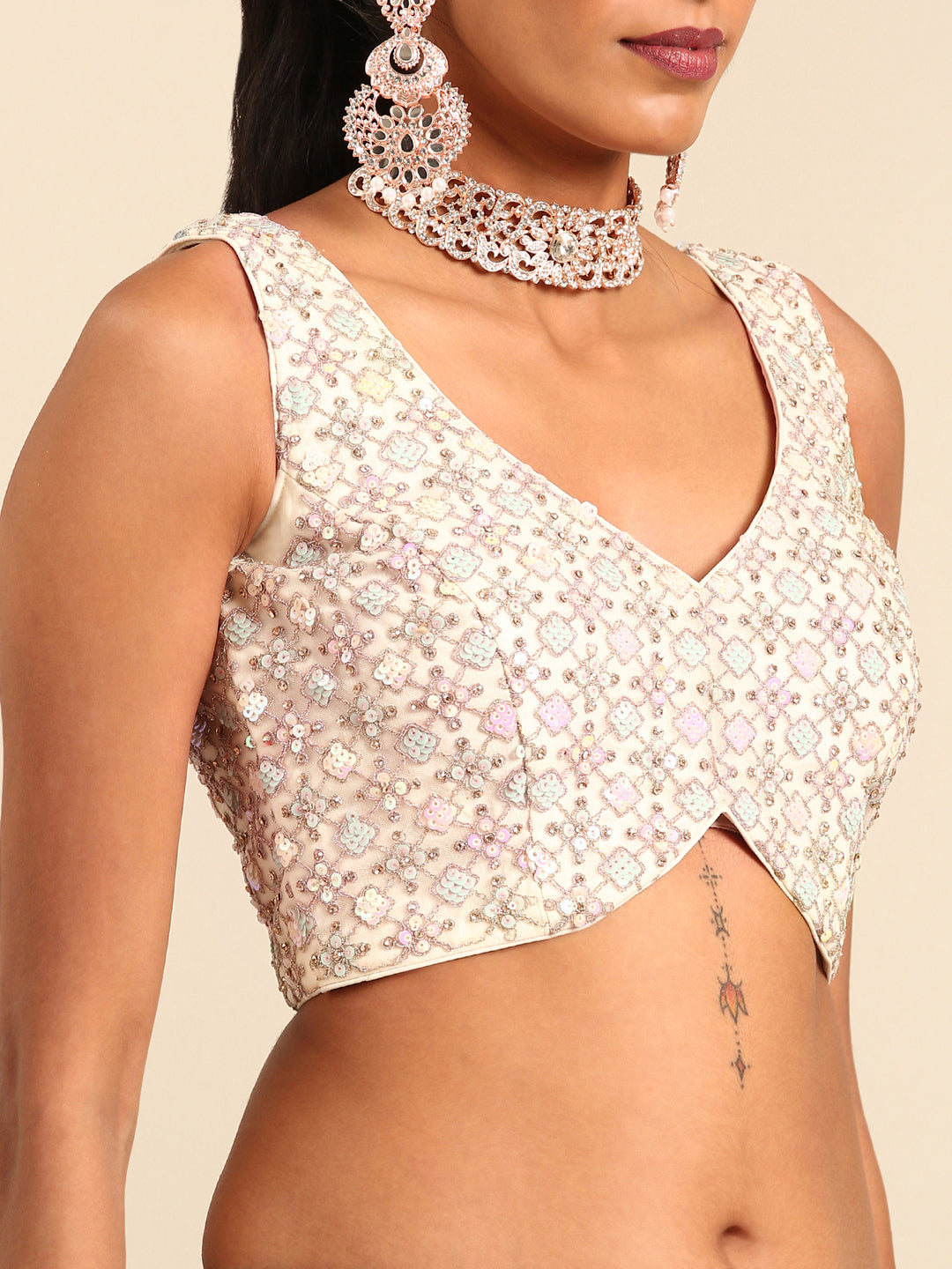 Cream Net Multi Sequins with heavy Zarkan embroidery Semi-Stitched Lehenga choli & Dupatta