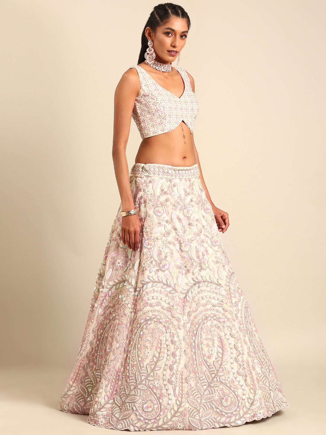 Cream Net Multi Sequins with heavy Zarkan embroidery Semi-Stitched Lehenga choli & Dupatta