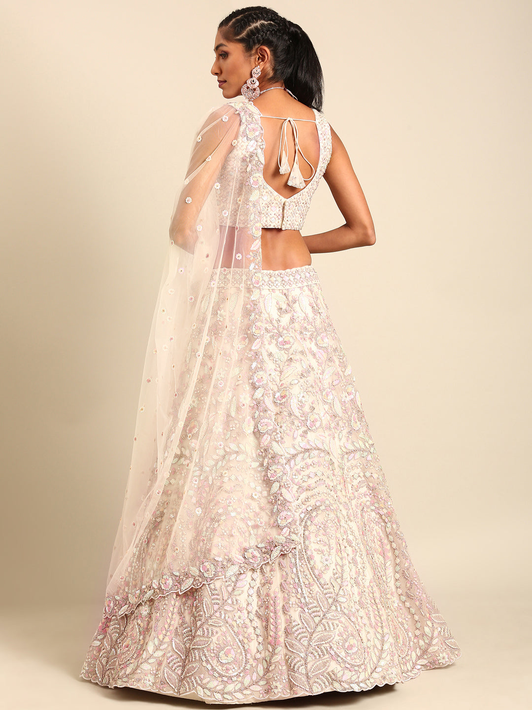 Cream Net Multi Sequins with heavy Zarkan embroidery Semi-Stitched Lehenga choli & Dupatta
