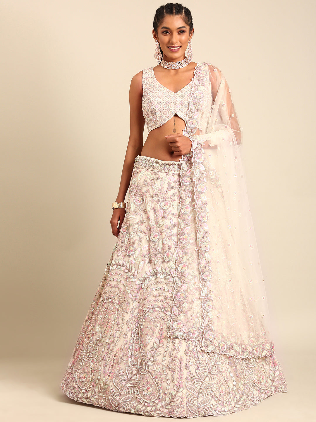 Cream Net Multi Sequins with heavy Zarkan embroidery Semi-Stitched Lehenga choli & Dupatta