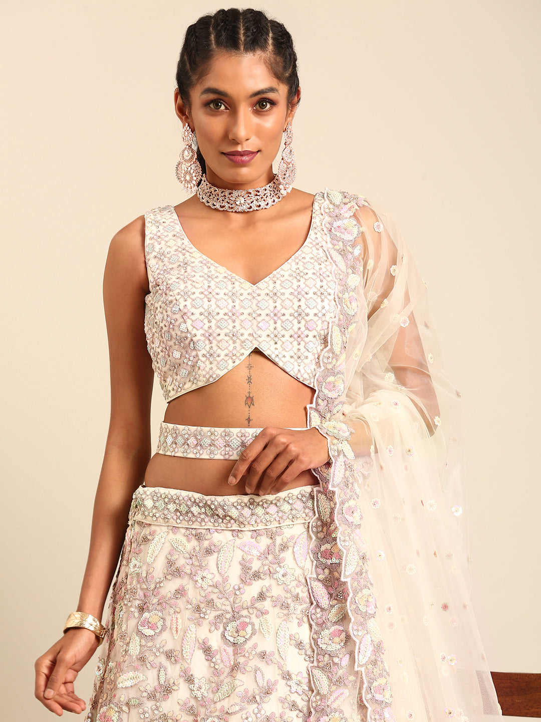 Cream Net Multi Sequins with heavy Zarkan embroidery Semi-Stitched Lehenga choli & Dupatta