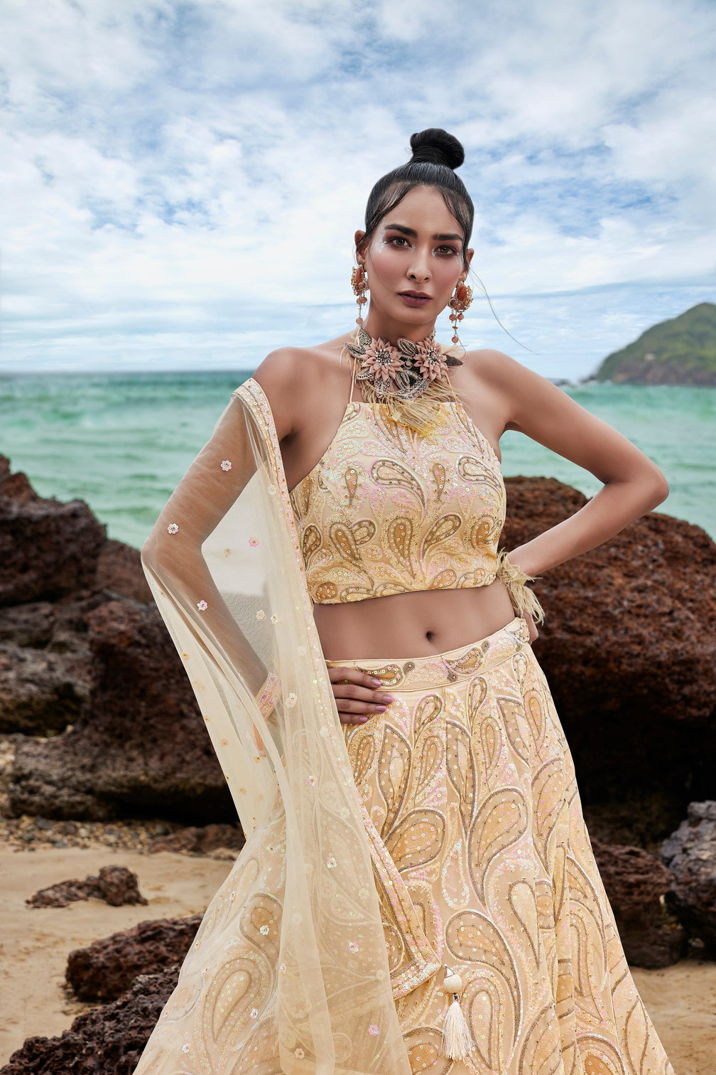 Cream Net Multi Sequins with heavy Zarkan embroidery Semi-Stitched Lehenga choli & Dupatta