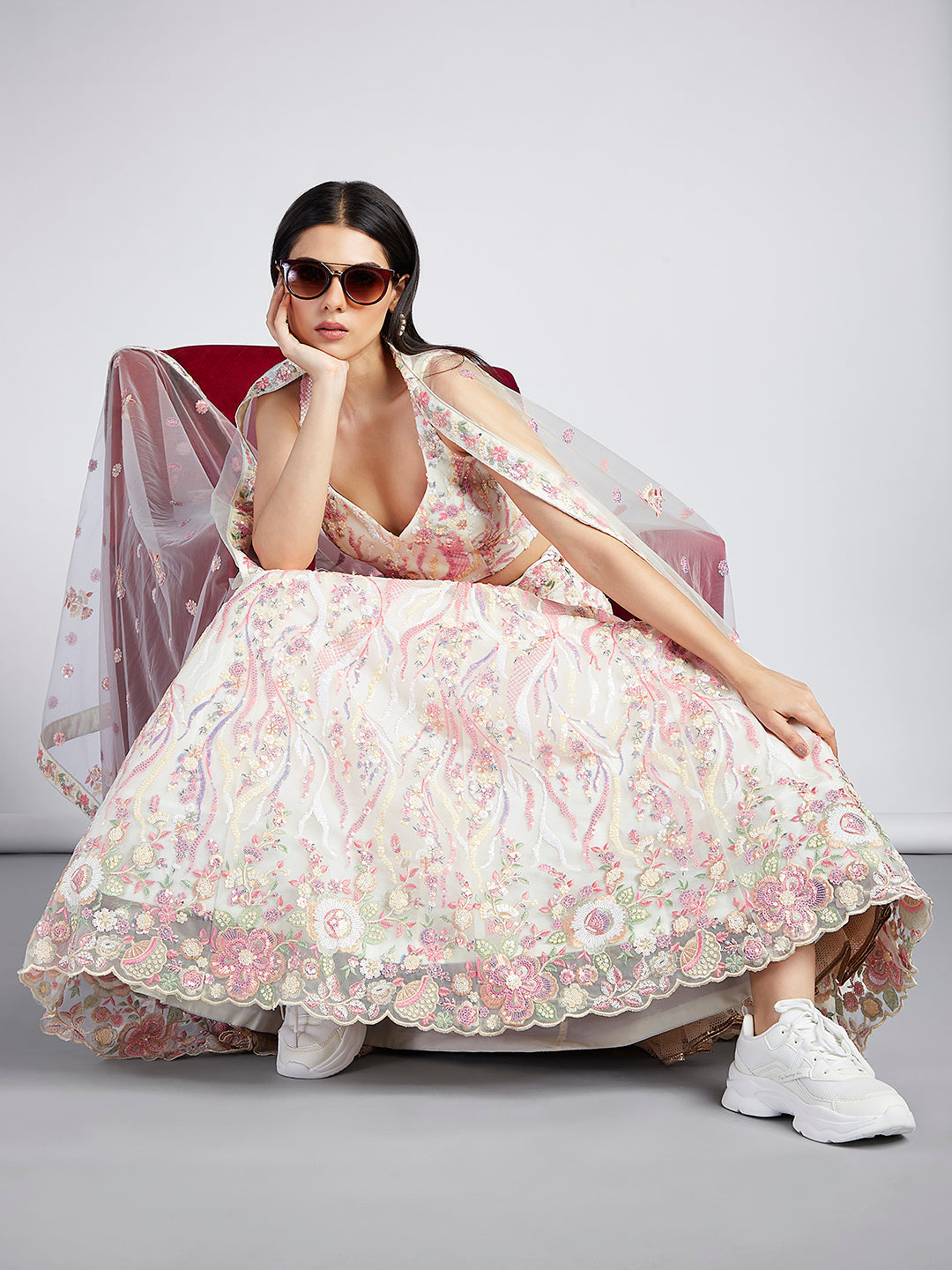 Cream Net Sequins and thread embroidery Semi-Stitched Lehenga choli & Dupatta