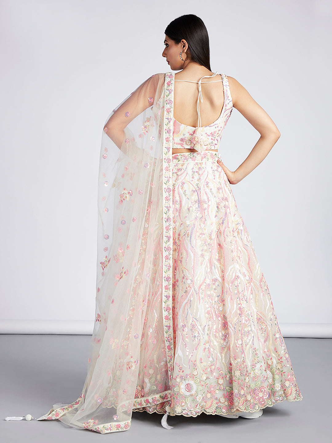 Cream Net Sequins and thread embroidery Semi-Stitched Lehenga choli & Dupatta