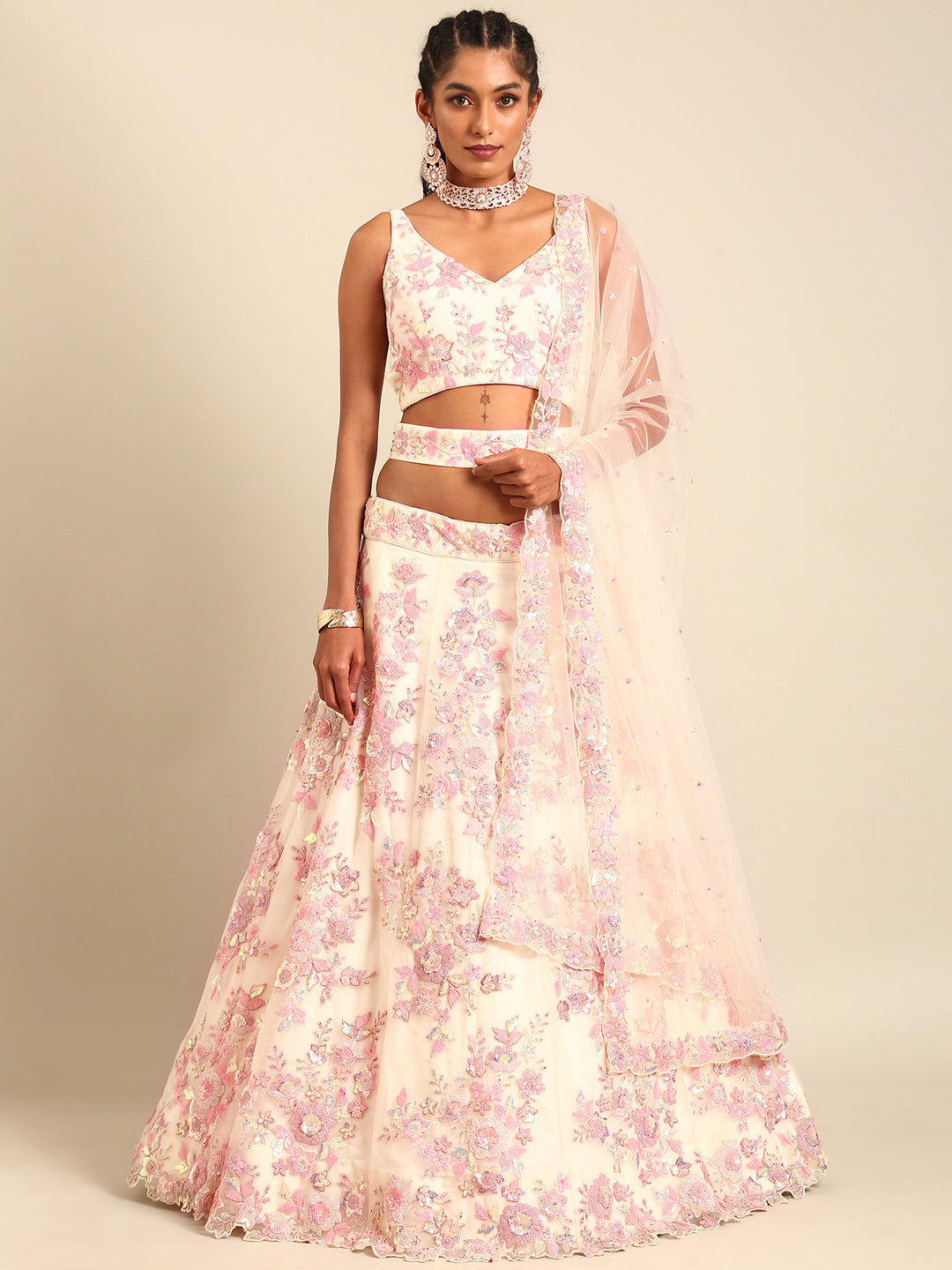 Cream Net Sequins with heavy Zarkan embroidery Semi-Stitched Lehenga choli & Dupatta