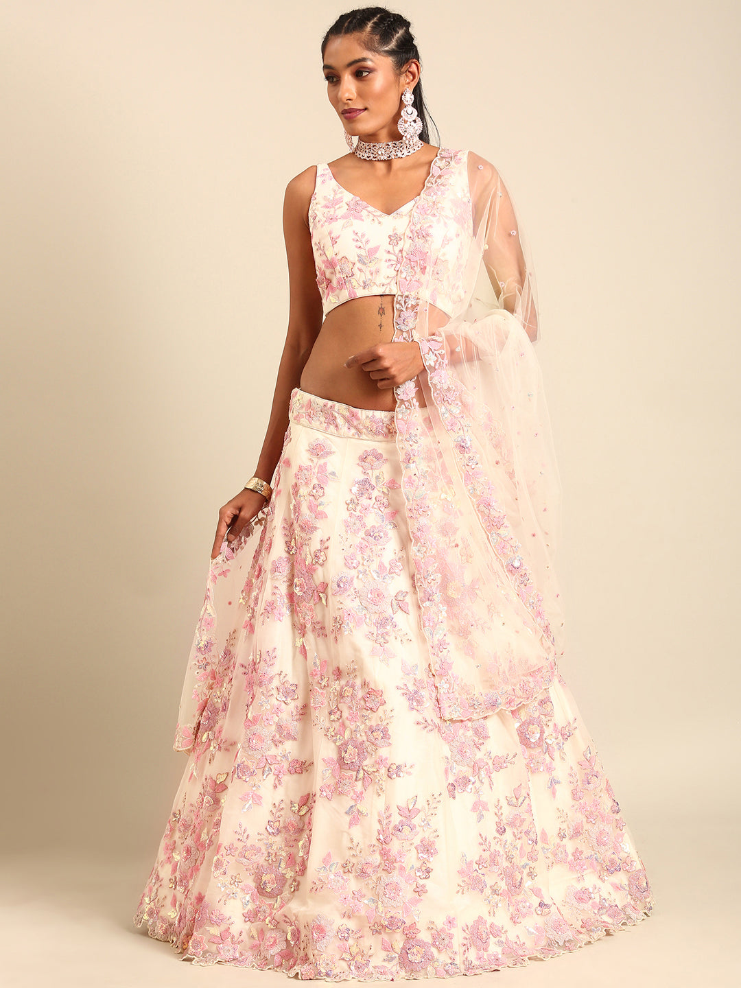 Cream Net Sequins with heavy Zarkan embroidery Semi-Stitched Lehenga choli & Dupatta