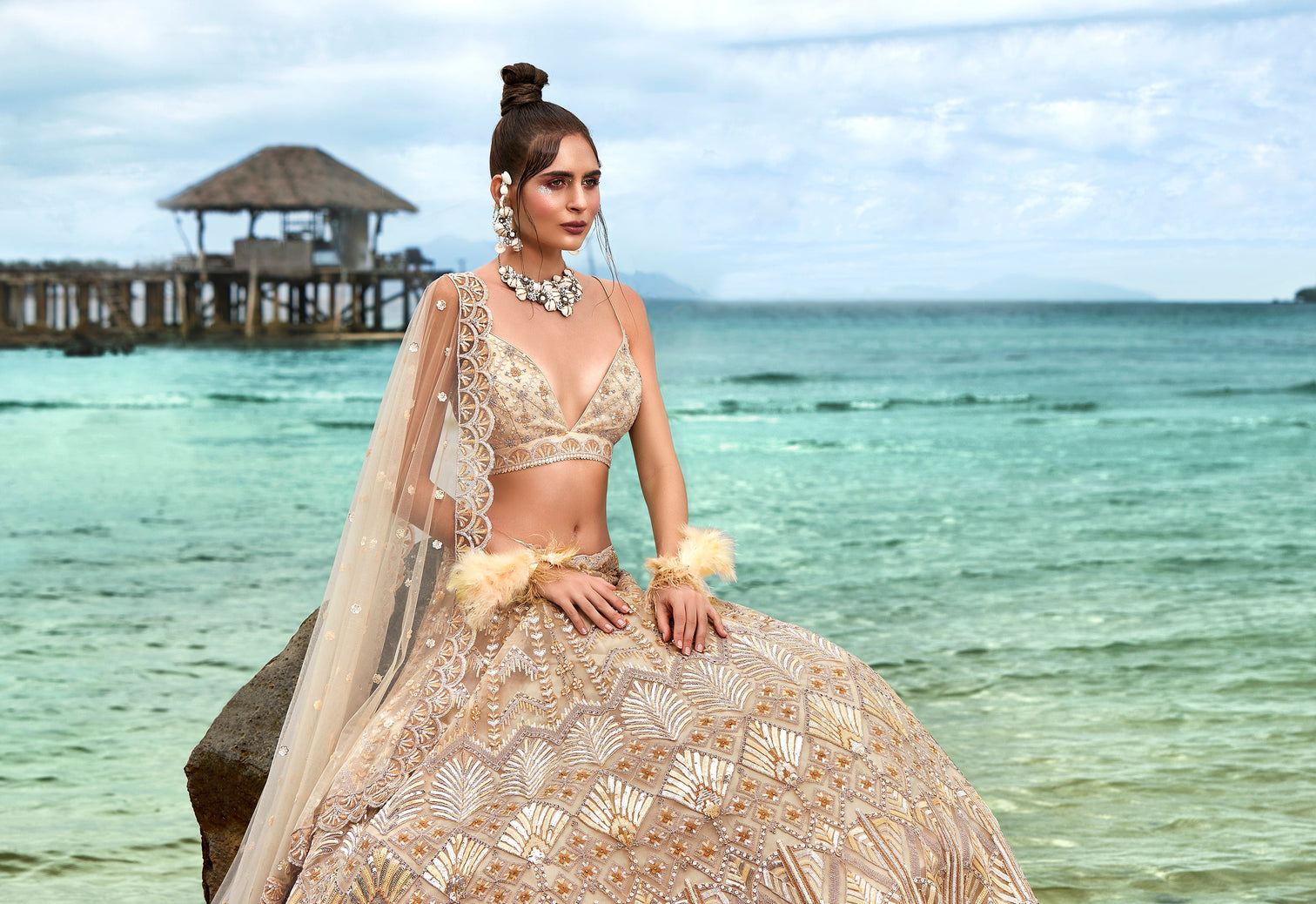 Cream Net Sequins, Zarkan and thread embroidery Semi-Stitched Lehenga choli & Dupatta