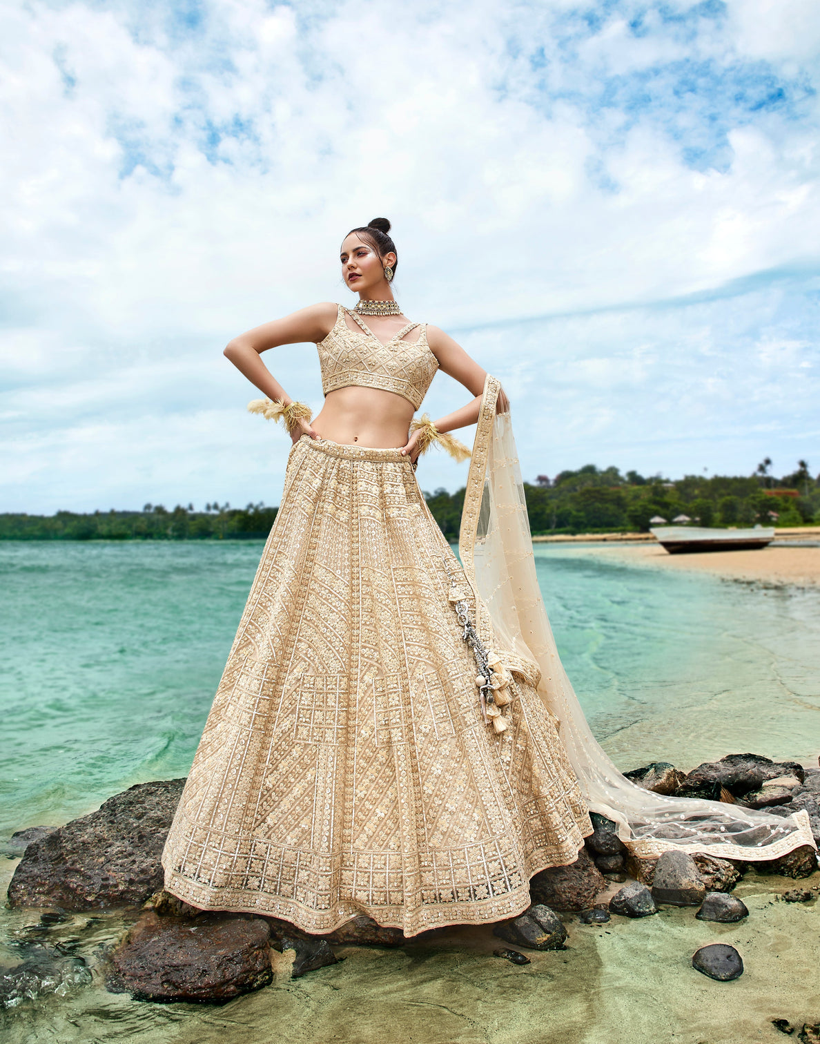 Cream Net Sequins, Zarkan and thread embroidery Semi-Stitched Lehenga choli & Dupatta