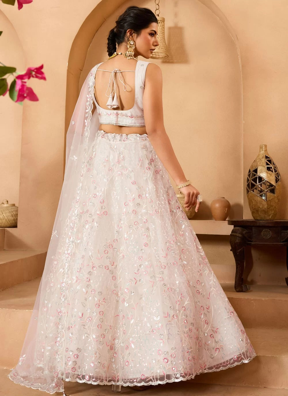 Cream net embroidered bridesmaid wedding lehenga choli with dupatta