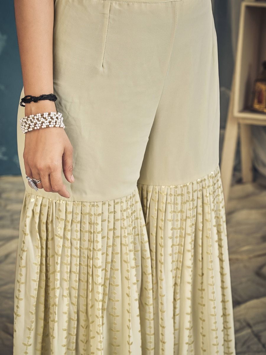Cream Pakistani Georgette Sharara For Indian Festivals & Weddings - Sequence Embroidery Work, Zari Work