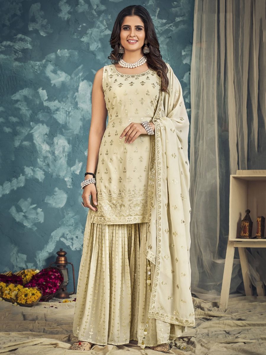 Cream Pakistani Georgette Sharara For Indian Festivals & Weddings - Sequence Embroidery Work, Zari Work