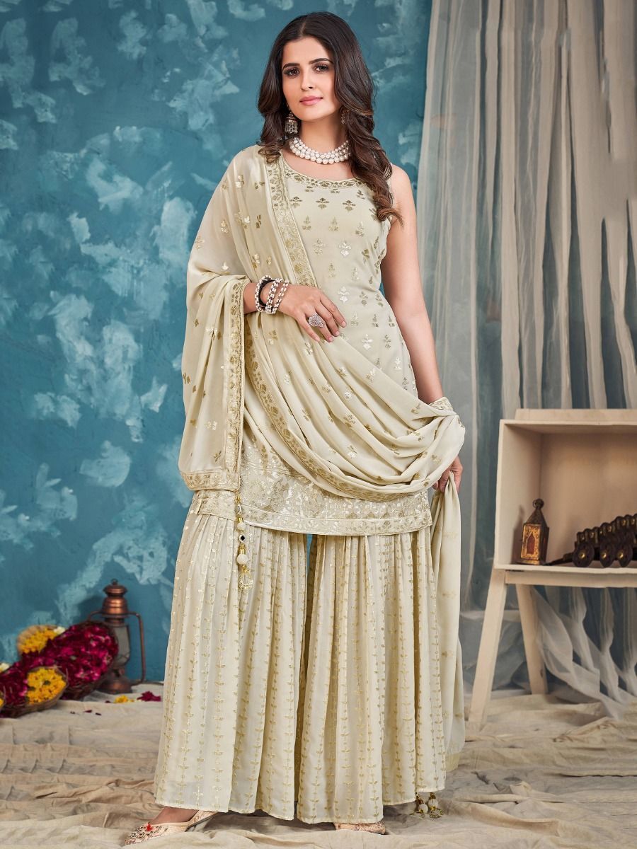 Cream Pakistani Georgette Sharara For Indian Festivals & Weddings - Sequence Embroidery Work, Zari Work